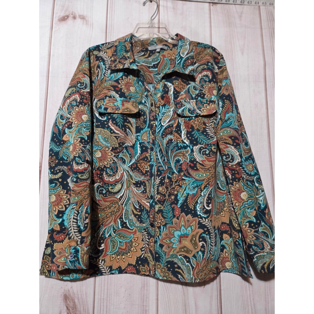 NY Collection Womens XL Paisley Button Down Shirt Teal Orange Career